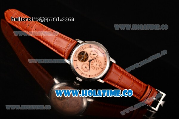 Vacheron Constantin Malte Tourbillon Asia Automatic Steel Case with Pink Dial Brown Leather Strap - Stick Markers - Click Image to Close